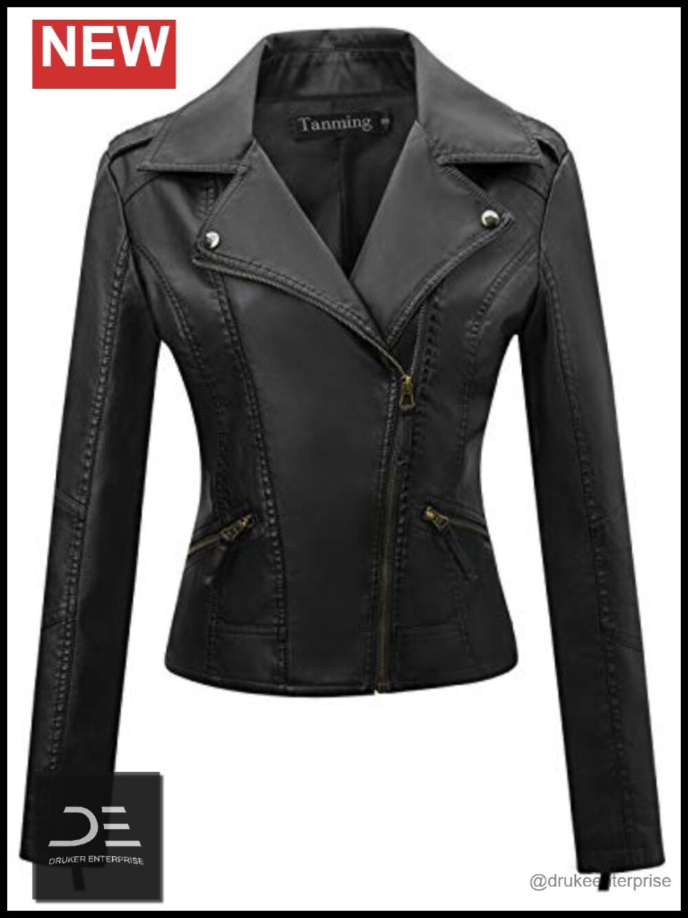 Faux Leather Moto Biker Short Coat Jacket Zip Up Notch Collar